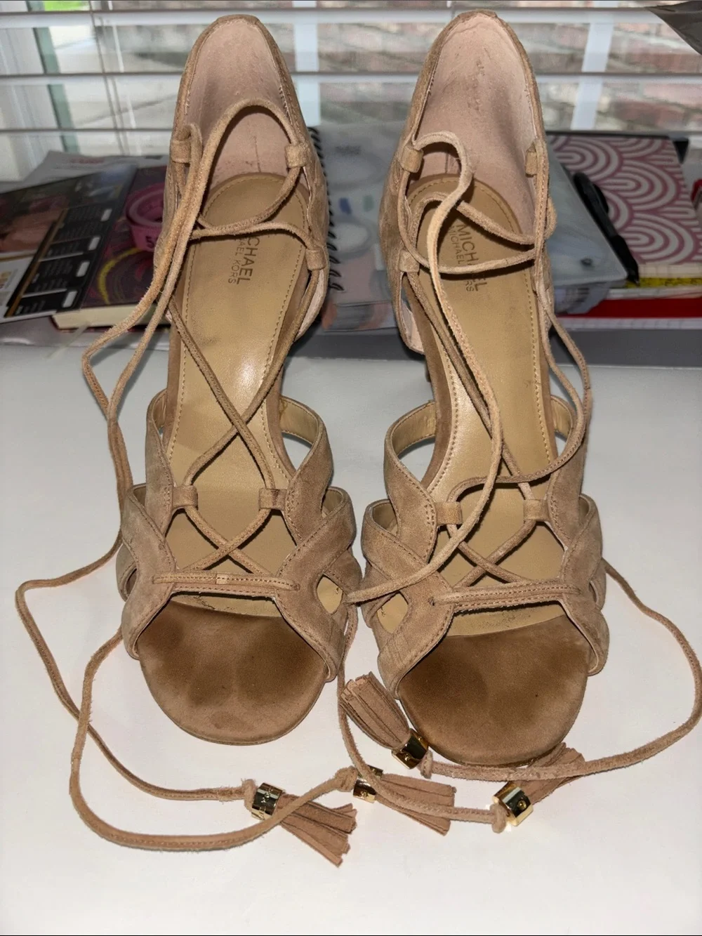 Taupe Suede Lace-Up Heels with MK Michael Kors Suede Pumps Gladiator Lace